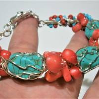 Armband Koralle Türkis Armreif verstellbar handgemacht wirework silberfarben boho handmade Bild 8