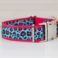 Hundehalsband oder Hundegeschirr mit Leoparden Muster, Animal Print, Safari, pink und blau, modern, trendy, Hundeleine Bild 1