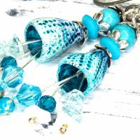 keramikblüten ohrhänger, lässige boho hippie ohrringe, geschenk, brautschmuck, glasperlen blau Bild 8