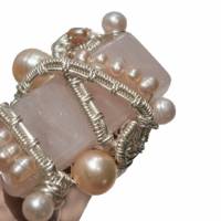 handgemachter Ring Rosenquarz und Perlen rosa in wirework silberfarben handmade Bild 2