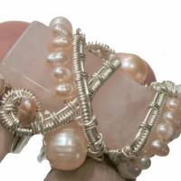 handgemachter Ring Rosenquarz und Perlen rosa in wirework silberfarben handmade Bild 6