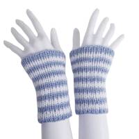 Pulswärmer 100 % Merino-Wolle handgestrickt hellblau weiß gestreift - Damen - Einheitsgröße - Modell 19 Bild 1