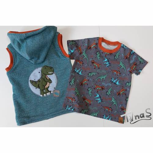 Baumwollsweat Weste mit Dino Stickerei und T-Shirt in Grösse 98