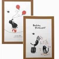 Geburtstagskarten, zweier Set, gestempelt, braun, cats on appletrees, Karte mit Umschlag, Bild 1