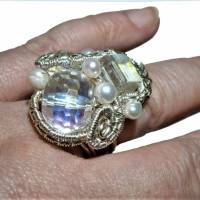 Ring Kristallglas funkelnd Perlen weiß handgemacht wirework silberfarben verstellbar Bild 1