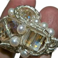 Ring Kristallglas funkelnd Perlen weiß handgemacht wirework silberfarben verstellbar Bild 2