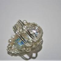 Ring Kristallglas funkelnd Perlen weiß handgemacht wirework silberfarben verstellbar Bild 3