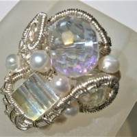 Ring Kristallglas funkelnd Perlen weiß handgemacht wirework silberfarben verstellbar Bild 4