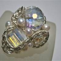 Ring Kristallglas funkelnd Perlen weiß handgemacht wirework silberfarben verstellbar Bild 5