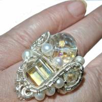 Ring Kristallglas funkelnd Perlen weiß handgemacht wirework silberfarben verstellbar Bild 6