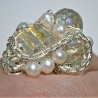 Ring Kristallglas funkelnd Perlen weiß handgemacht wirework silberfarben verstellbar Bild 7
