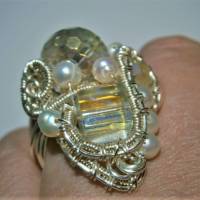 Ring Kristallglas funkelnd Perlen weiß handgemacht wirework silberfarben verstellbar Bild 8