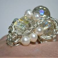 Ring Kristallglas funkelnd Perlen weiß handgemacht wirework silberfarben verstellbar Bild 9
