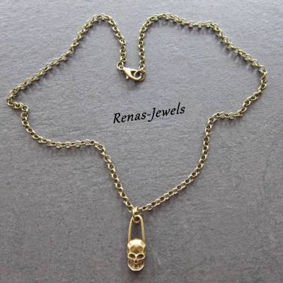 Unisex Totenkopfkette kurz bronzefarben – Skull Anhänger Sicherheitsnadel Handmade
