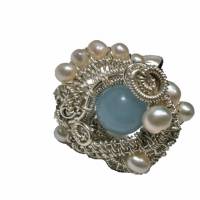 Ring handgewebt blau Quarz Perlen weiß in wirework silberfarben handmade Bild 1