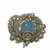Ring handgewebt blau Quarz Perlen weiß in wirework silberfarben handmade Bild 2