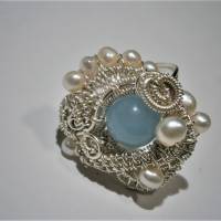Ring handgewebt blau Quarz Perlen weiß in wirework silberfarben handmade Bild 6