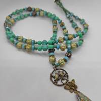 Wunderschöne lange Halskette mit außergewöhnlichen tschechischen Picasso Perlen mit Anhänger in grün, braun, beige Bild 4