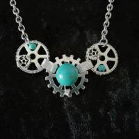 Blaues Steampunk Collier Kette aus Zahnrädern & Türkis Perlen/ Steampunk Schmuck/ Handgemachter Unikatschmuck Bild 4