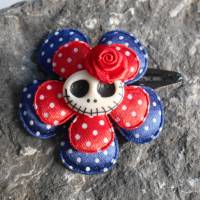 Skull  Blume Stoff polka dots Totenkopf ,Haarspange , Punkte, Nachtleuchtend Bild 1