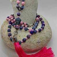 Wunderschöne lange Halsketteette mit außergewöhnlichen tschechischen Perlen mit Anhänger in rosa, blau und pink Bild 3