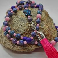 Wunderschöne lange Halsketteette mit außergewöhnlichen tschechischen Perlen mit Anhänger in rosa, blau und pink Bild 5
