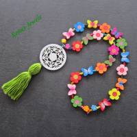 Kinderkette bunt Bettelkette Hippie Ibiza Holzperlen Blumen Schmetterling Kette Holzkette Quaste Anhänger Bild 1