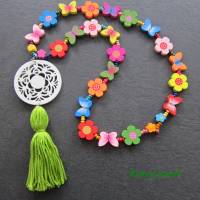 Kinderkette bunt Bettelkette Hippie Ibiza Holzperlen Blumen Schmetterling Kette Holzkette Quaste Anhänger Bild 2