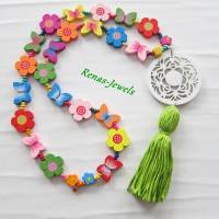 Kinderkette bunt Bettelkette Hippie Ibiza Holzperlen Blumen Schmetterling Kette Holzkette Quaste Anhänger Bild 3