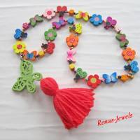Kinderkette bunt Bettelkette Hippie Ibiza Holzperlen Blumen Schmetterling Marienkäfer Kette Holzkette Quaste Anhänger Bild 1