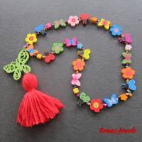 Kinderkette bunt Bettelkette Hippie Ibiza Holzperlen Blumen Schmetterling Marienkäfer Kette Holzkette Quaste Anhänger Bild 2