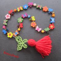 Kinderkette bunt Bettelkette Hippie Ibiza Holzperlen Blumen Schmetterling Marienkäfer Kette Holzkette Quaste Anhänger Bild 4