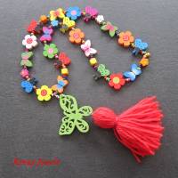 Kinderkette bunt Bettelkette Hippie Ibiza Holzperlen Blumen Schmetterling Marienkäfer Kette Holzkette Quaste Anhänger Bild 5