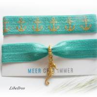 2 elastische Armbänder mit Metallanhänger Seepferdchen - Geschenk,dehnbar,maritim,Anker,seegrün Bild 1