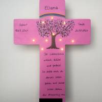 Kinderkreuz mit LED Licht Taufkreuz Taufgeschenk Patengeschenk bemalter Kinderkreuz Lebensbaum Bild 1