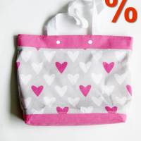 Einkaufstasche, Umhängetasche, Herzen, Baumwolltasche grau pink weiß, Einkaufs-Beutel, Stoff-Tasche, Schultertasche Bild 1