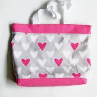 Einkaufstasche, Umhängetasche, Herzen, Baumwolltasche grau pink weiß, Einkaufs-Beutel, Stoff-Tasche, Schultertasche Bild 2