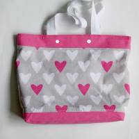 Einkaufstasche, Umhängetasche, Herzen, Baumwolltasche grau pink weiß, Einkaufs-Beutel, Stoff-Tasche, Schultertasche Bild 4
