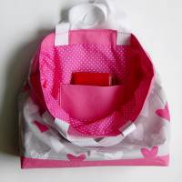 Einkaufstasche, Umhängetasche, Herzen, Baumwolltasche grau pink weiß, Einkaufs-Beutel, Stoff-Tasche, Schultertasche Bild 5