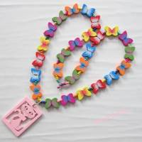 Kinderkette bunt Bettelkette Hippie Ibiza Holzperlen Schmetterling Kette Holzkette Katze Anhänger Bild 1