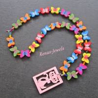 Kinderkette bunt Bettelkette Hippie Ibiza Holzperlen Schmetterling Kette Holzkette Katze Anhänger Bild 3