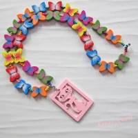 Kinderkette bunt Bettelkette Hippie Ibiza Holzperlen Schmetterling Kette Holzkette Katze Anhänger Bild 4