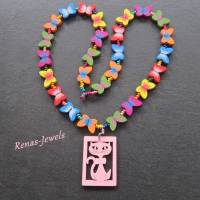 Kinderkette bunt Bettelkette Hippie Ibiza Holzperlen Schmetterling Kette Holzkette Katze Anhänger Bild 6