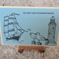 Geburtstagskarte - Du bist mein sicherer Hafen - Möwen auf dem Steg - Schiff - Leuchtturm Bild 1