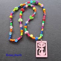 Kinderkette Bettelkette Hippie Ibiza Katze Holz Anhänger Perlen bunt Herz Blume Würfel Bild 1