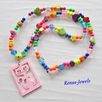 Kinderkette Bettelkette Hippie Ibiza Katze Holz Anhänger Perlen bunt Herz Blume Würfel Bild 2