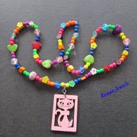 Kinderkette Bettelkette Hippie Ibiza Katze Holz Anhänger Perlen bunt Herz Blume Würfel Bild 5