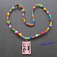 Kinderkette Bettelkette Hippie Ibiza Katze Holz Anhänger Perlen bunt Herz Blume Würfel Bild 6