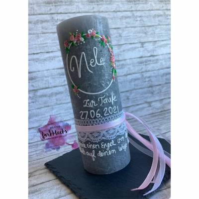 Taufkerze Rustik Mädchen Blumenkranz