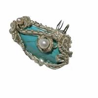 Ring mit Türkis und Perlen weiß handgemacht in wirework silberfarben türkisgrün verstellbar boho chic Bild 2